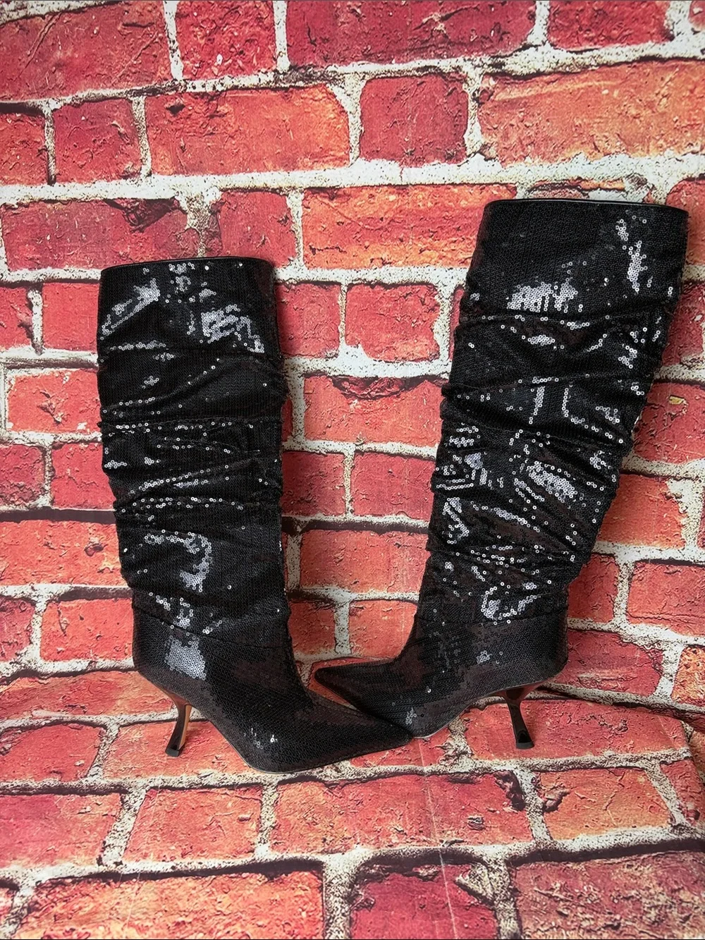 Black Sequin Knee-High Pointed Toe Heeled Boots - Women